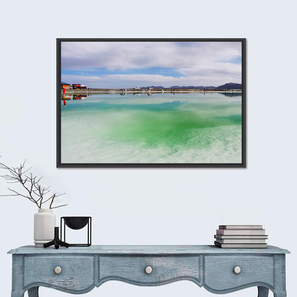 Emerald Salt Lake Wall Art in a room, landscape