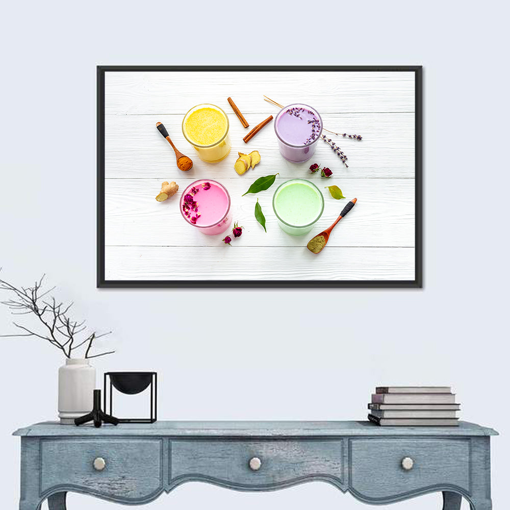 Four Lattes with Botanicals Wall Art in a room, landscape