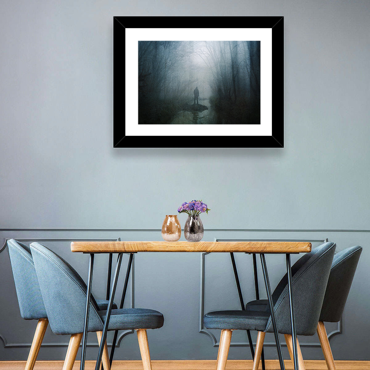 Foggy Forest Pathway Wall Art in a room, landscape