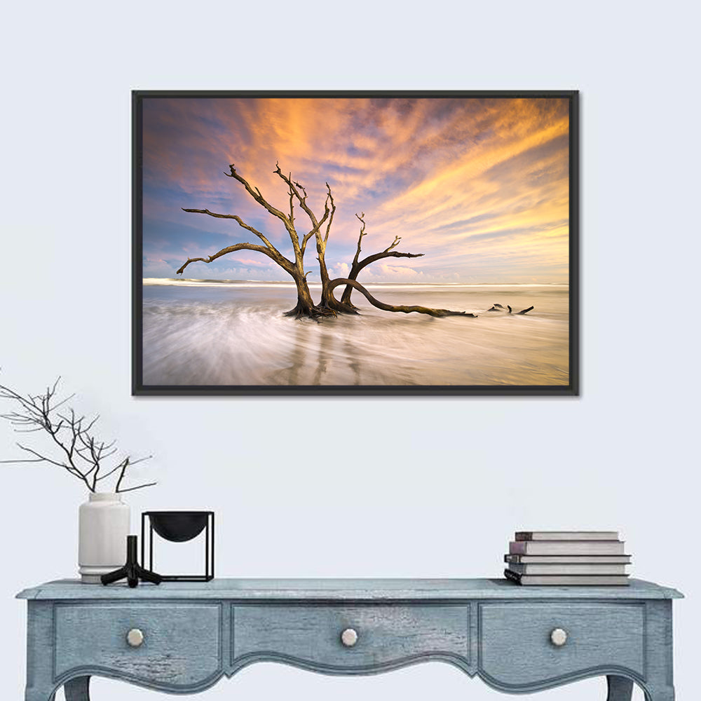 Folly Beach Driftwood Sunset Wall Art in a room, landscape