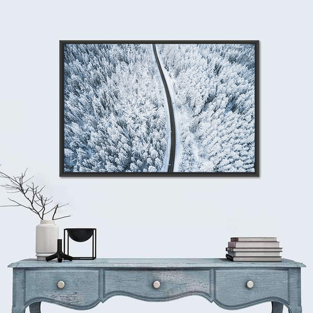 Winding Snow-covered Forest Road Wall Art in a room, landscape