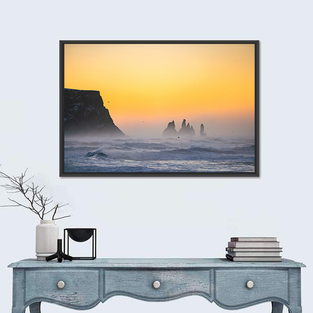 Dyrholaey Cliff with Reynisdrangar Sea Stacks Wall Art in a room, landscape