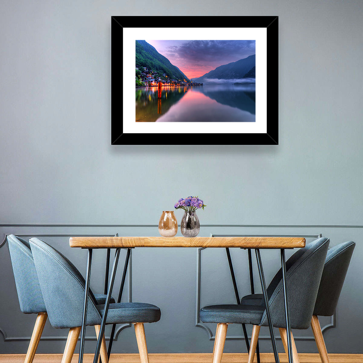 Hallstatt Mountain Village Wall Art in a room, landscape
