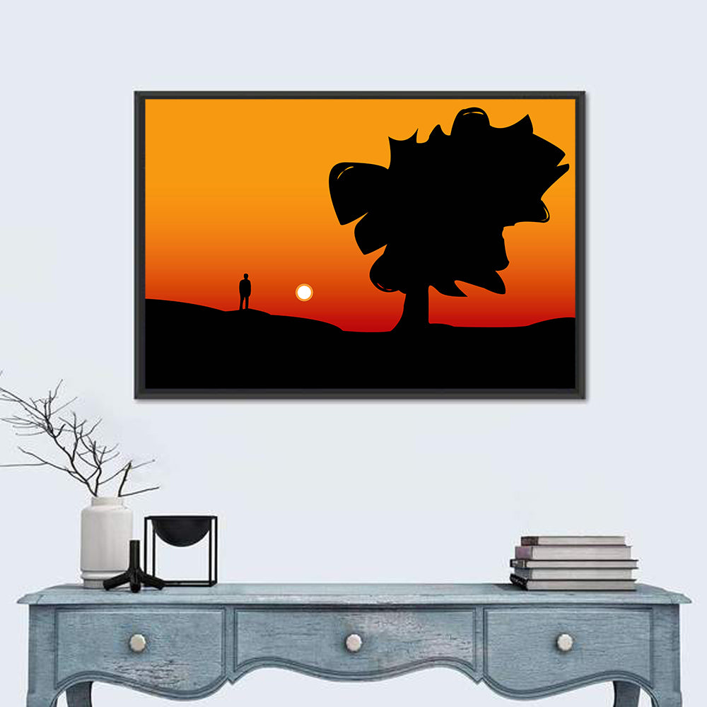Solitary Sunset Silhouette Wall Art in a room, landscape