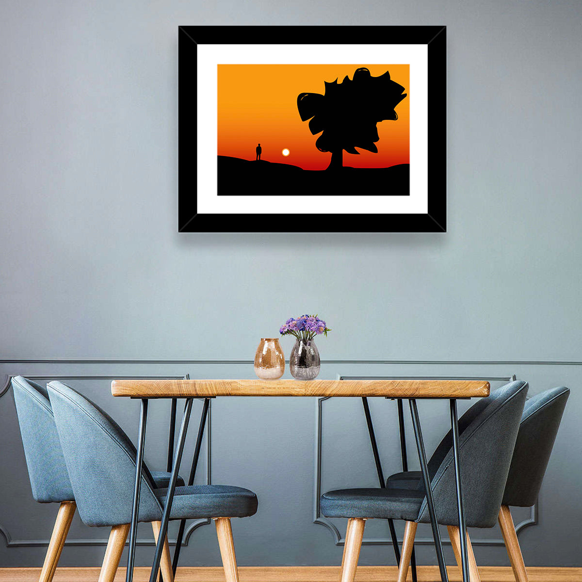 Solitary Sunset Silhouette Wall Art in a room, landscape