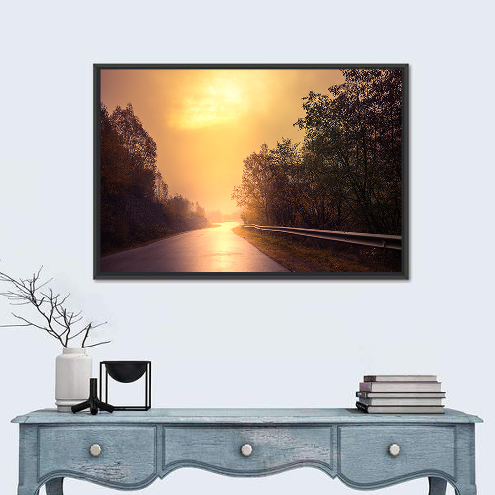 Windy Misty Forest Road Wall Art in a room, landscape