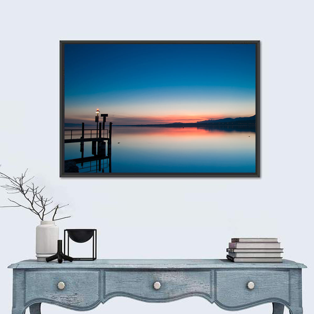 Lake Geneva Sunrise Pier Wall Art in a room, landscape