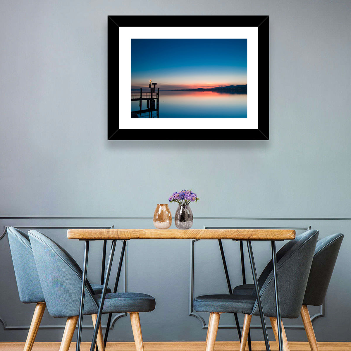 Lake Geneva Sunrise Pier Wall Art in a room, landscape