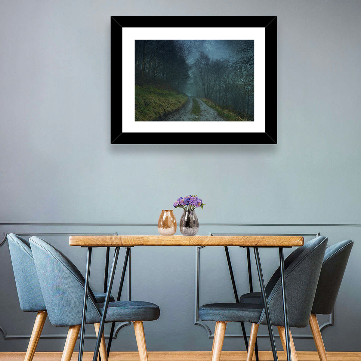 Misty Forest Pathway Wall Art in a room, landscape