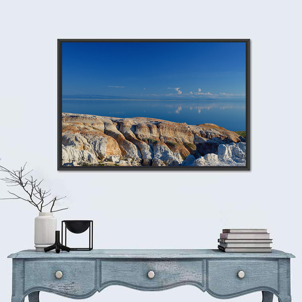 Shekelmes Tract Cliff Over Lake Wall Art in a room, landscape