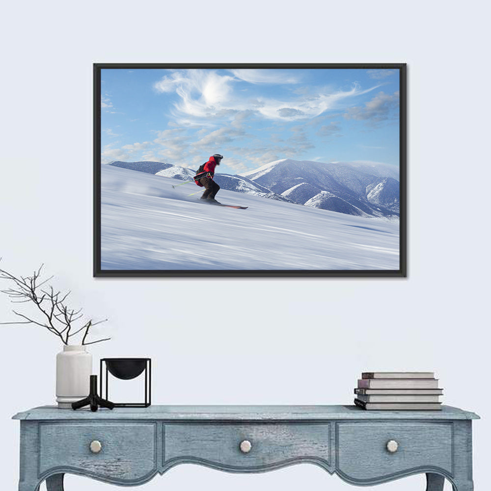 Skier on Snowy Mountain Slope Wall Art in a room, landscape