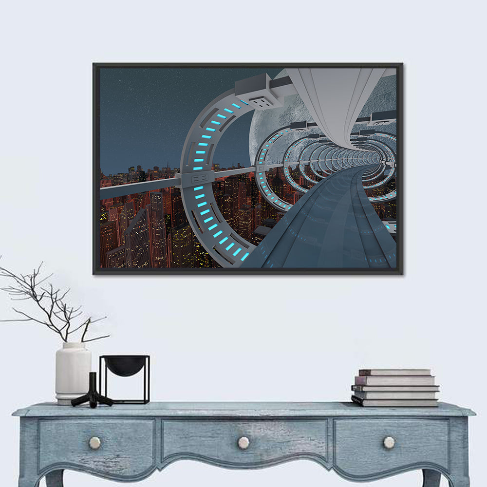 Futuristic City Tunnel with Moon Wall Art