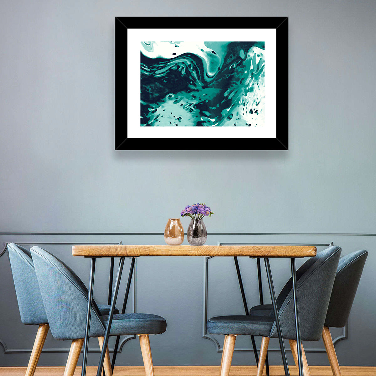 Teal Wave Abstract Wall Art in a room, landscape