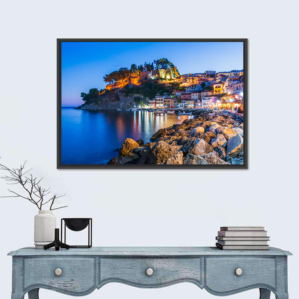 Parga Harbor at Dusk Wall Art in a room, landscape