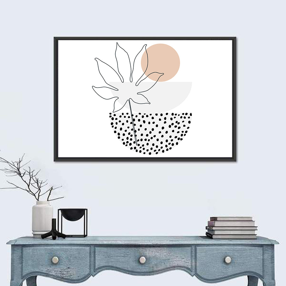 Palm Leaf with Peach Circle Illustration Wall Art in a room, landscape