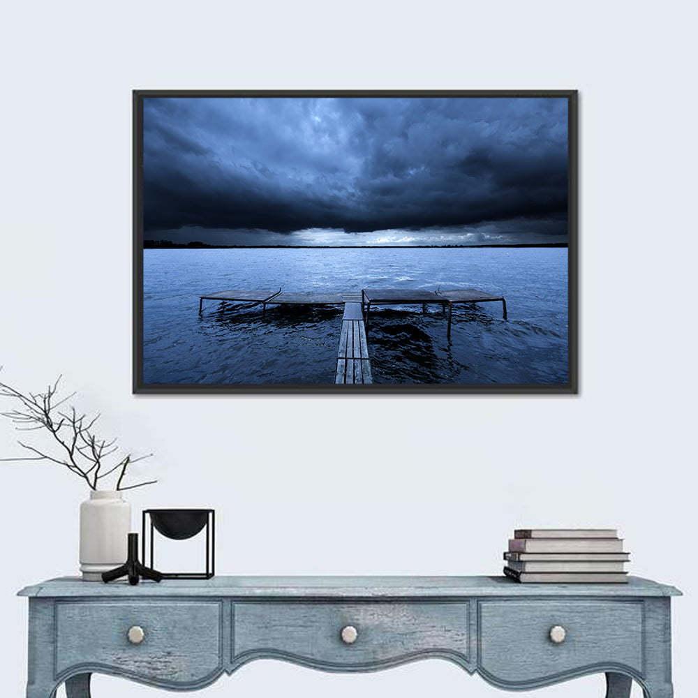 Stormy Lake Pier Wall Art in a room, landscape