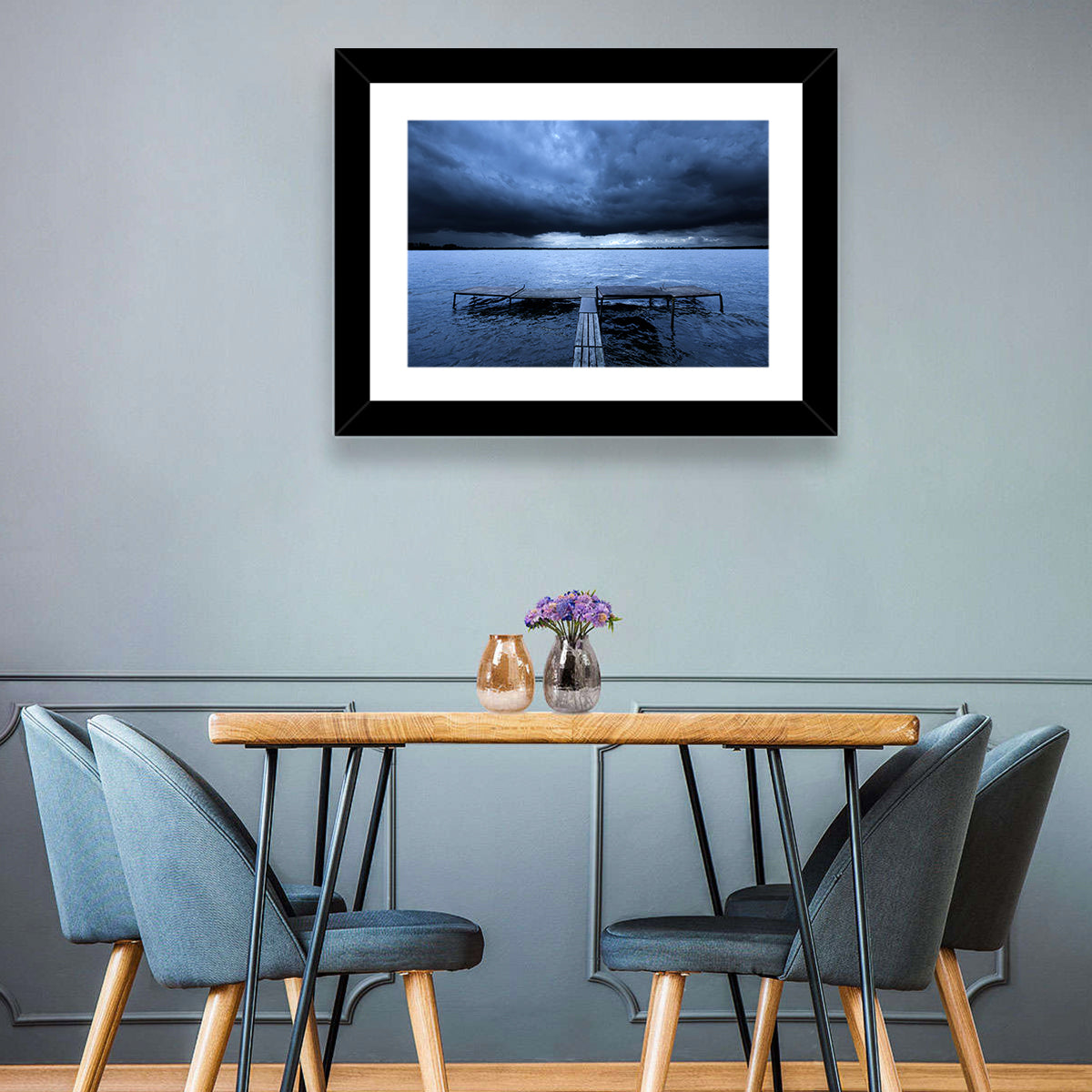 Stormy Lake Pier Wall Art in a room, landscape