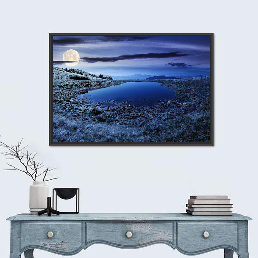 Mountain Lake at Night Wall Art in a room, landscape