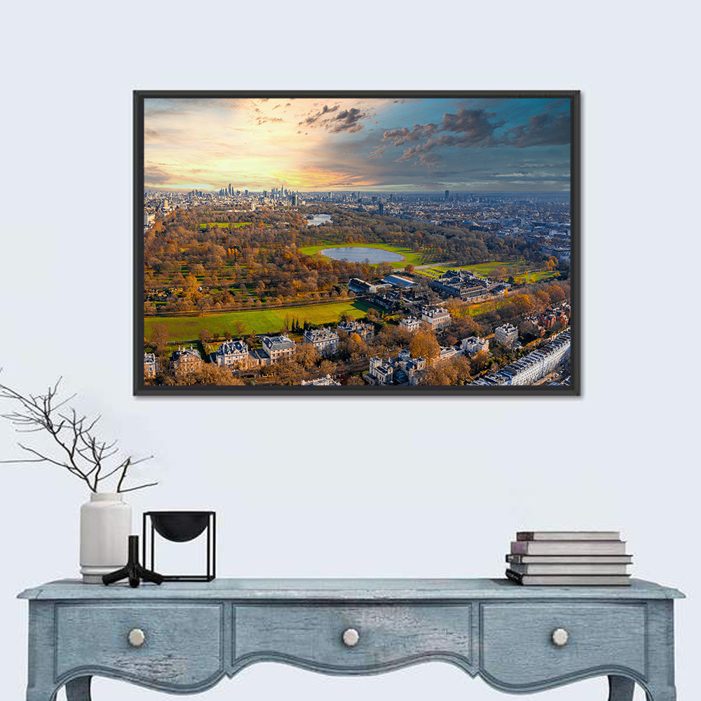 Cloudy Hyde Park Aerial Wall Art in a room, landscape