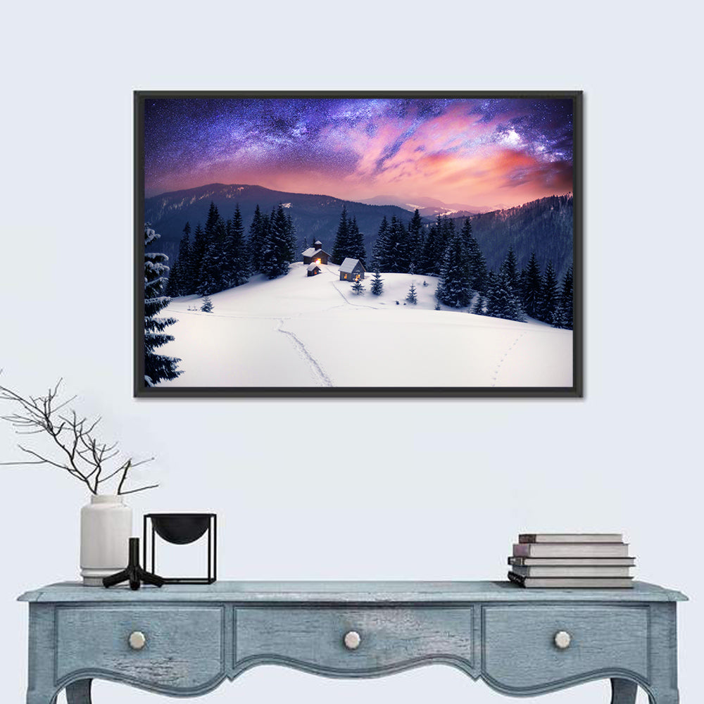 Starry Winter Cabins Under the Milky Way Wall Art