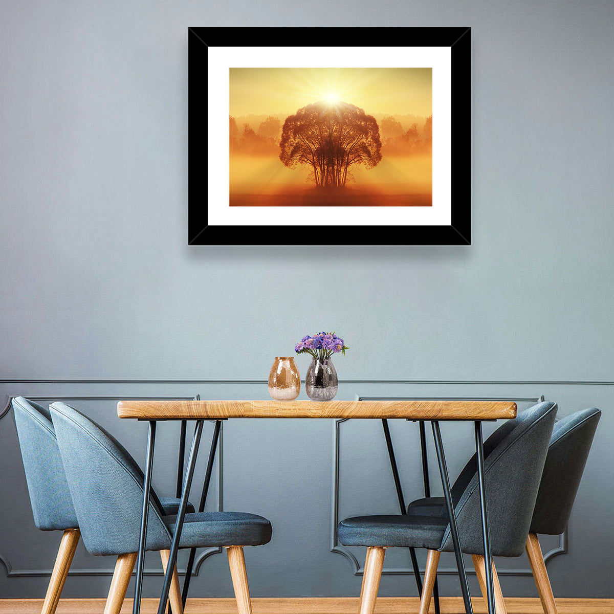 Golden Haze Tree at Sunset Wall Art in a room, landscape