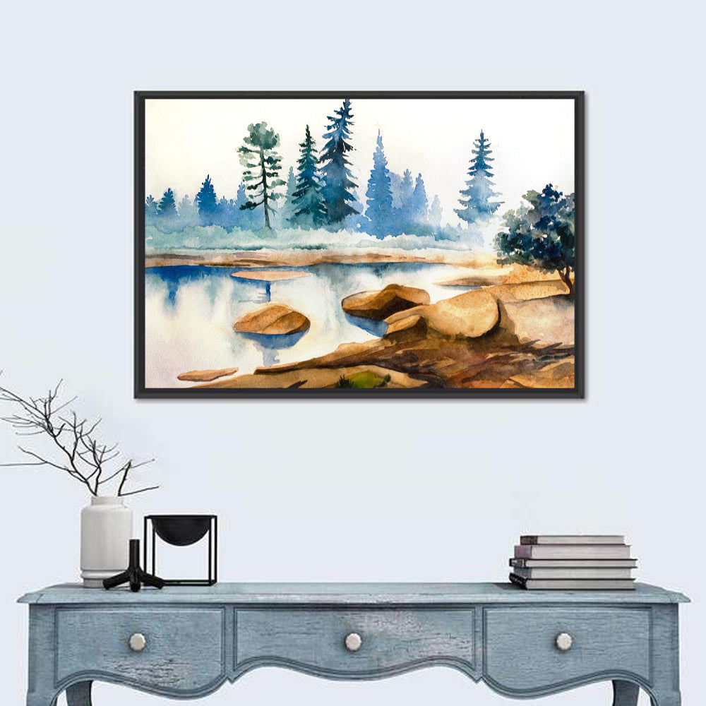 Misty Pine Stream Wall Art in a room, landscape