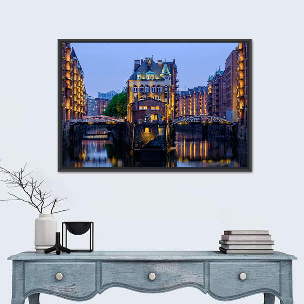 Wasserschloss Blue Hour Reflections Wall Art in a room, landscape