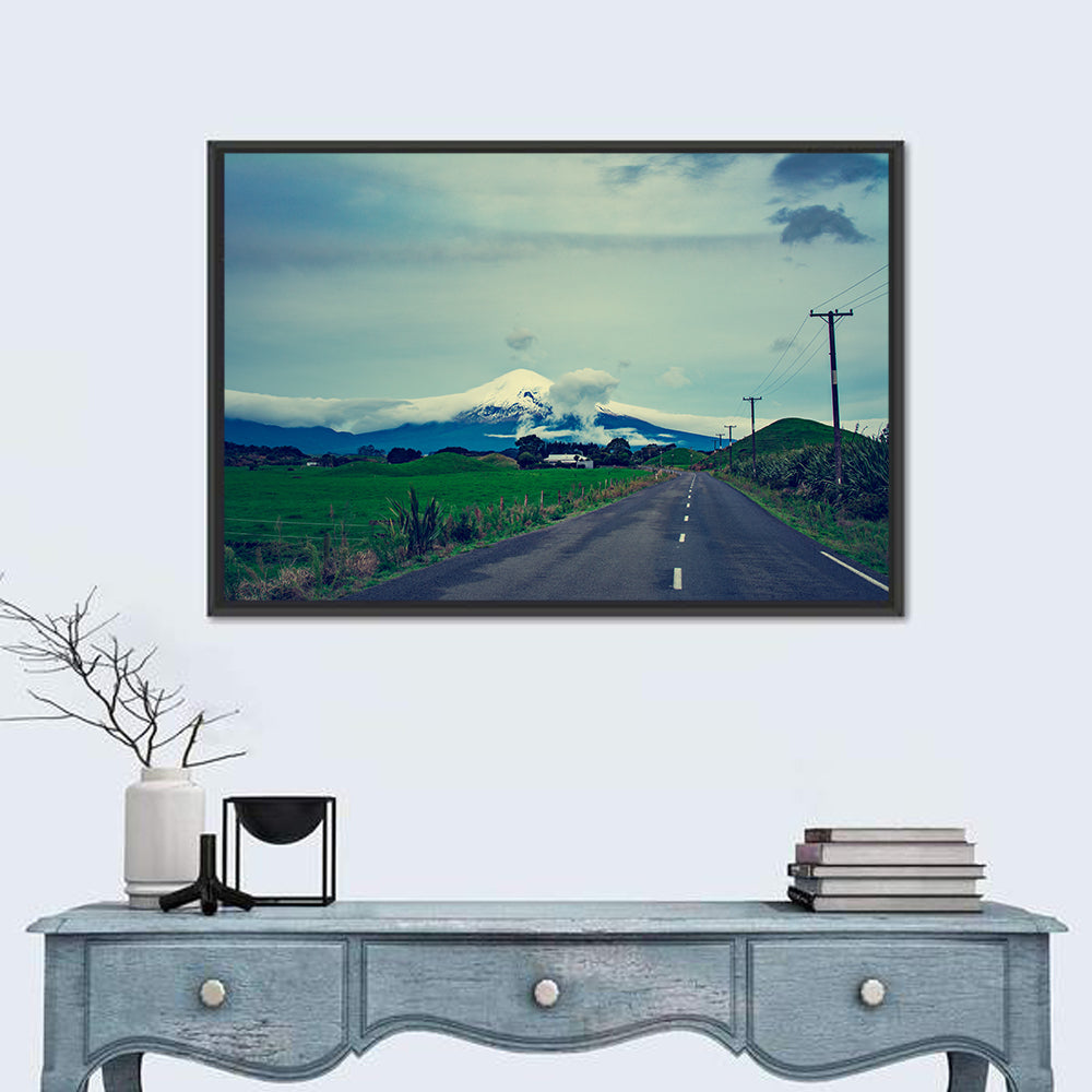 Empty Road to Mount Taranaki Wall Art in a room, landscape
