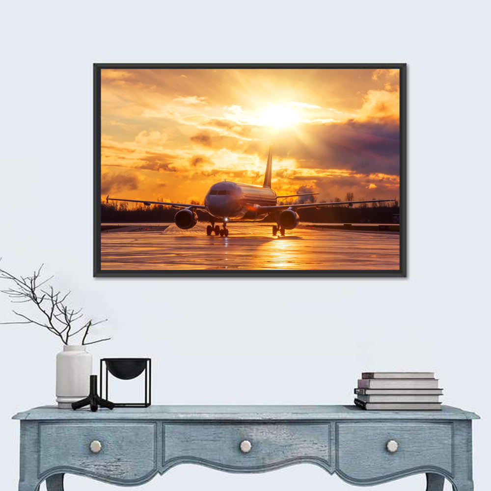 Golden Hour Airliner on Wet Runway Wall Art