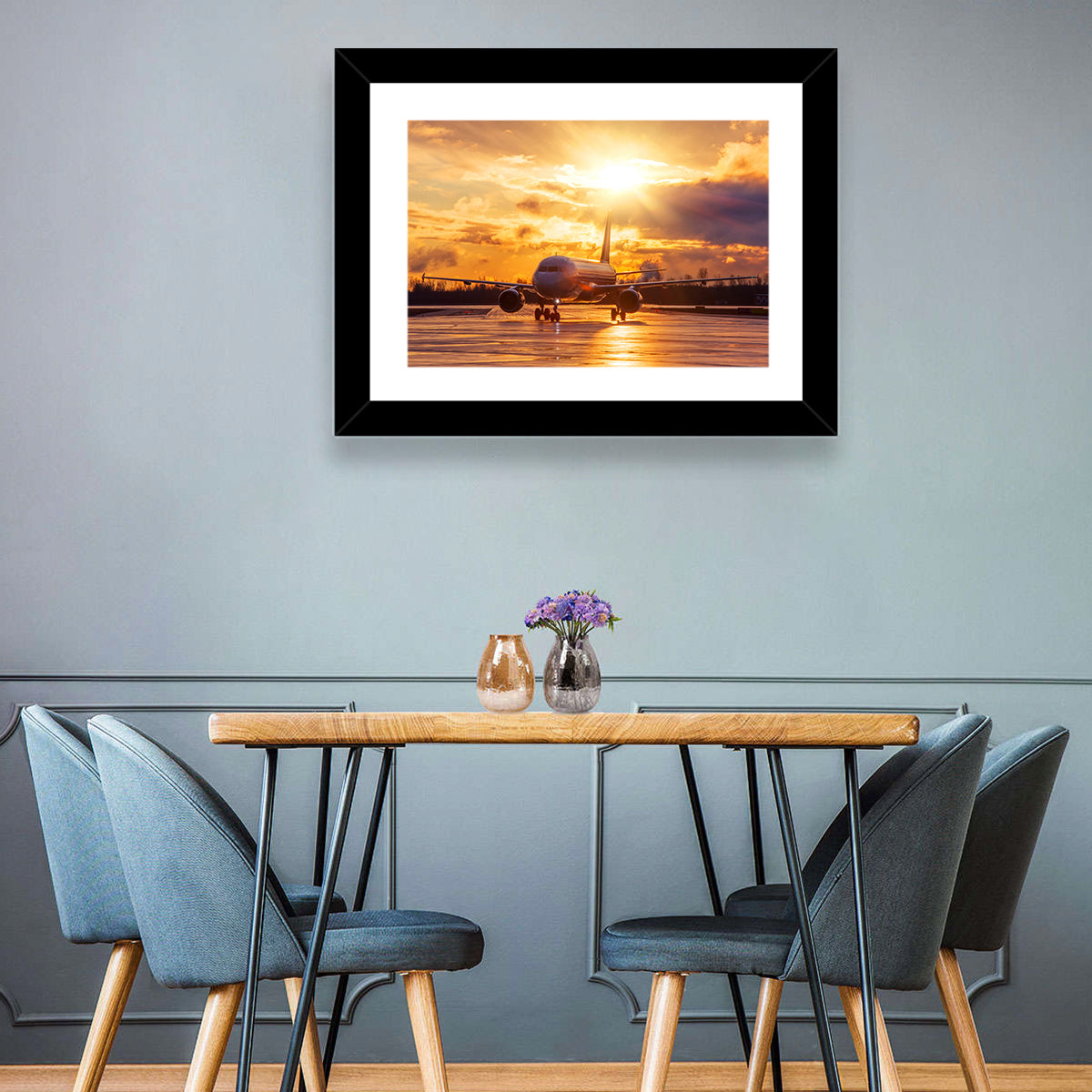 Golden Hour Airliner on Wet Runway Wall Art