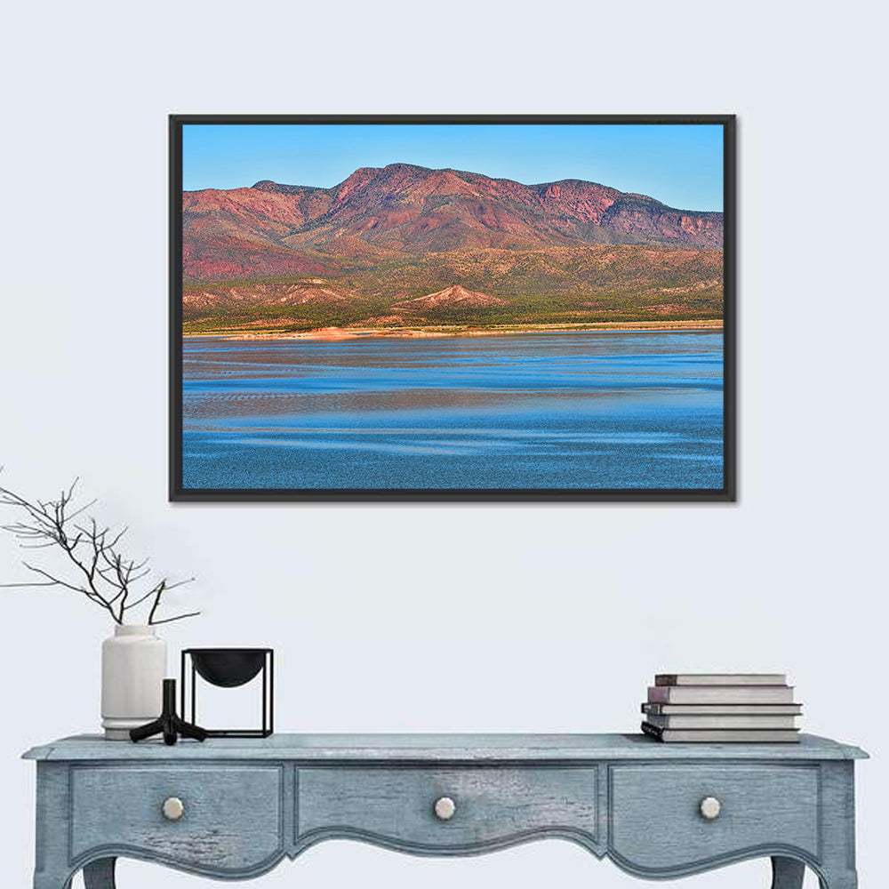Blue Roosevelt Lake Vista Wall Art in a room, landscape