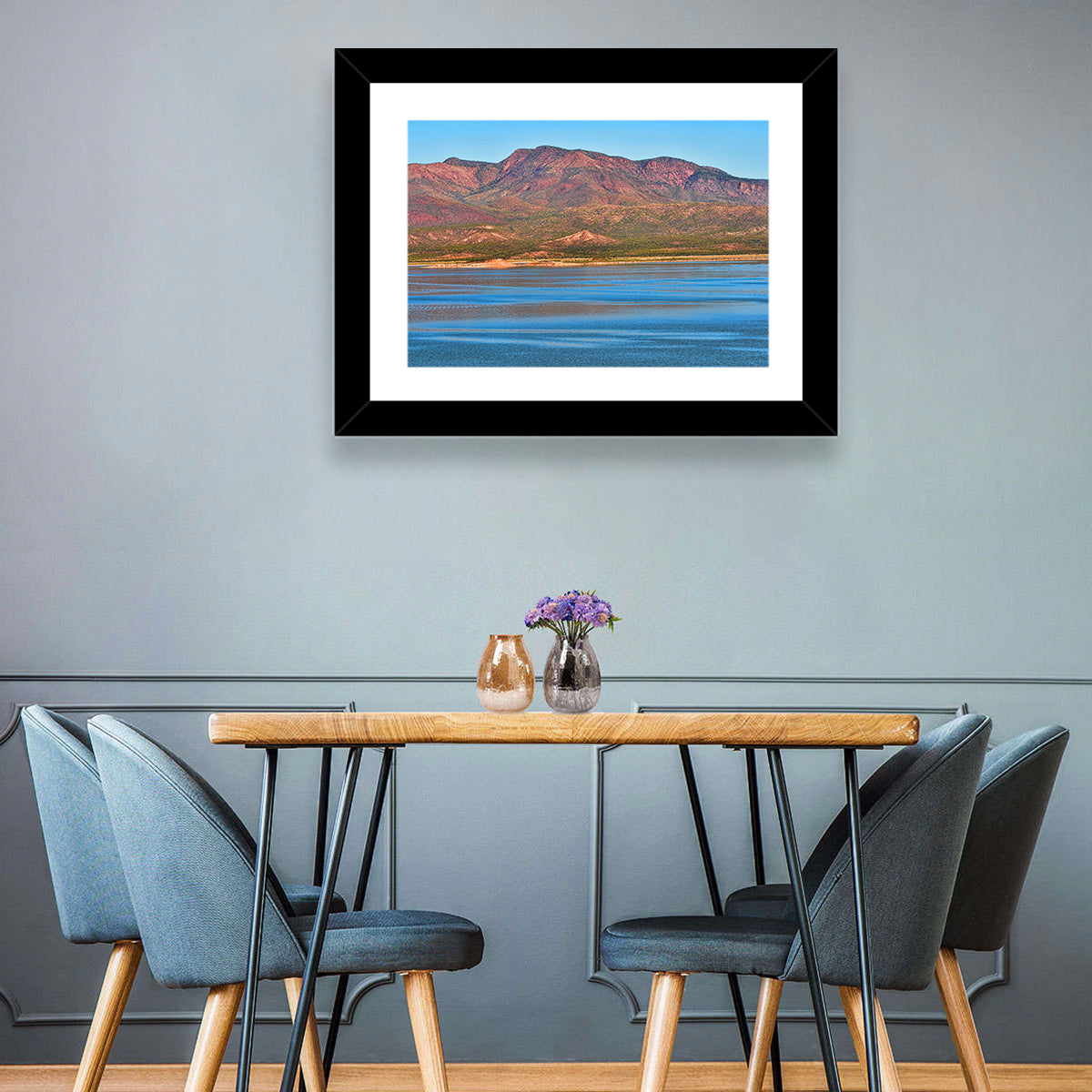 Blue Roosevelt Lake Vista Wall Art in a room, landscape