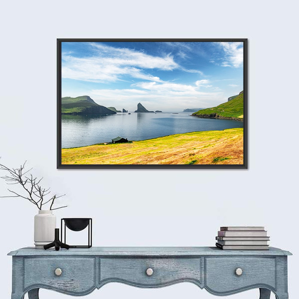 Tindhólmur and Drangarnir Coastal Bay Wall Art in a room, landscape