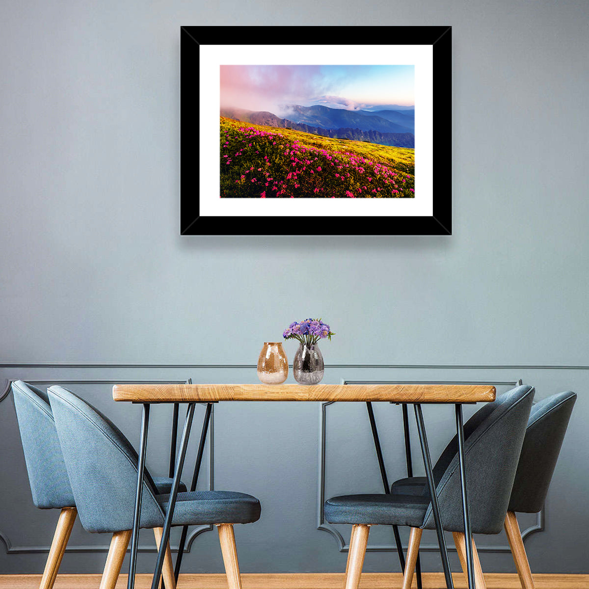 Alpine Rhododendron Meadow at Golden Hour Wall Art in a room, landscape