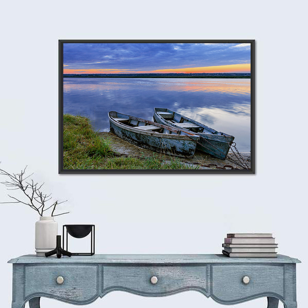 Chained Rowboats at Dusk Wall Art in a room, landscape
