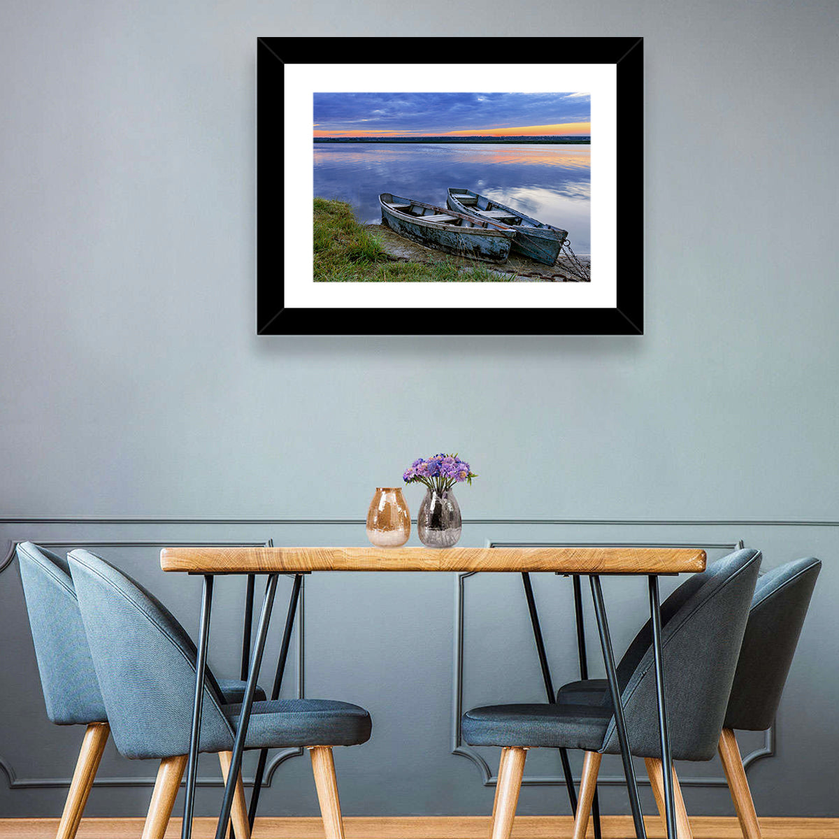 Chained Rowboats at Dusk Wall Art in a room, landscape