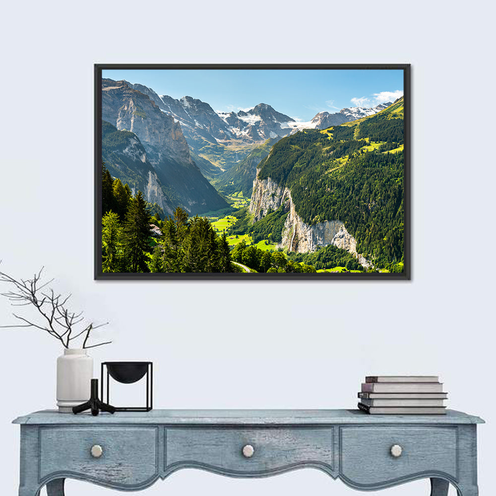 Lauterbrunnen Valley Waterfall View Wall Art in a room, landscape