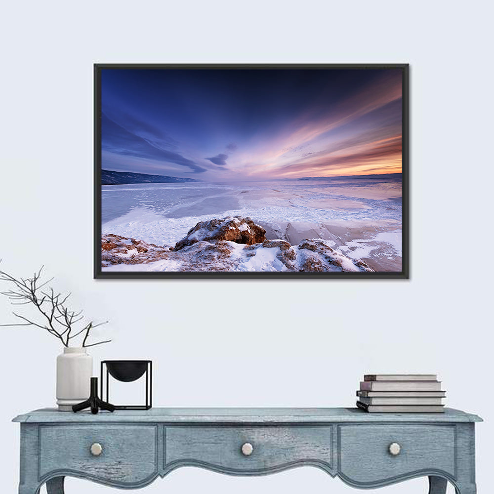 Frozen Lake Ice and Sunset Sky Wall Art in a room, landscape