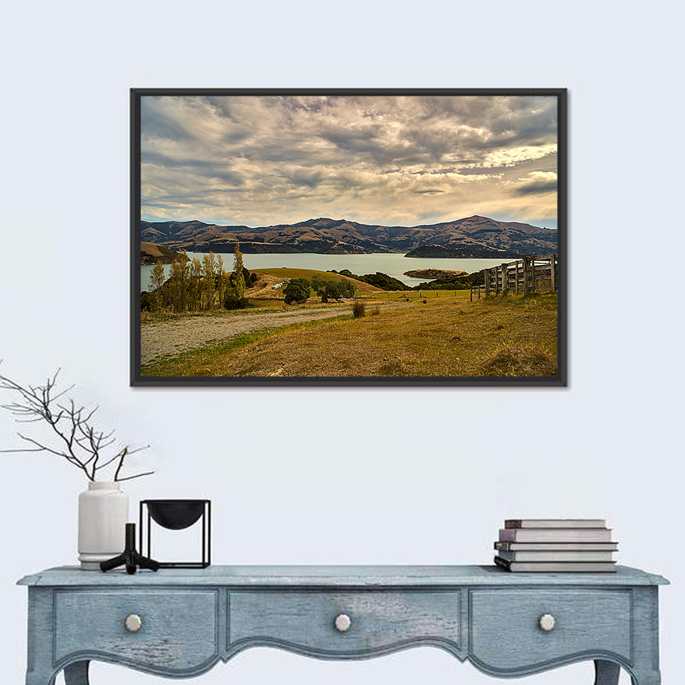 Akaroa Lake Gravel Path View Wall Art in a room, landscape