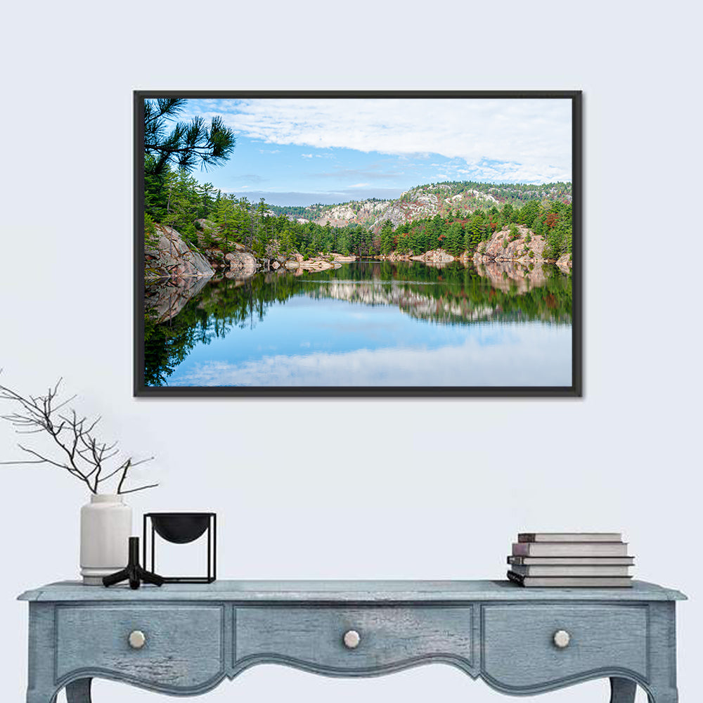 Mirror-quiet Lake and Pines Wall Art in a room, landscape