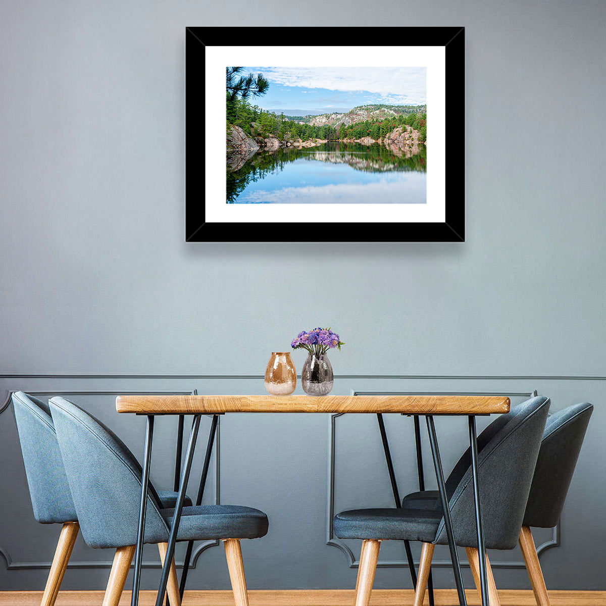 Mirror-quiet Lake and Pines Wall Art in a room, landscape