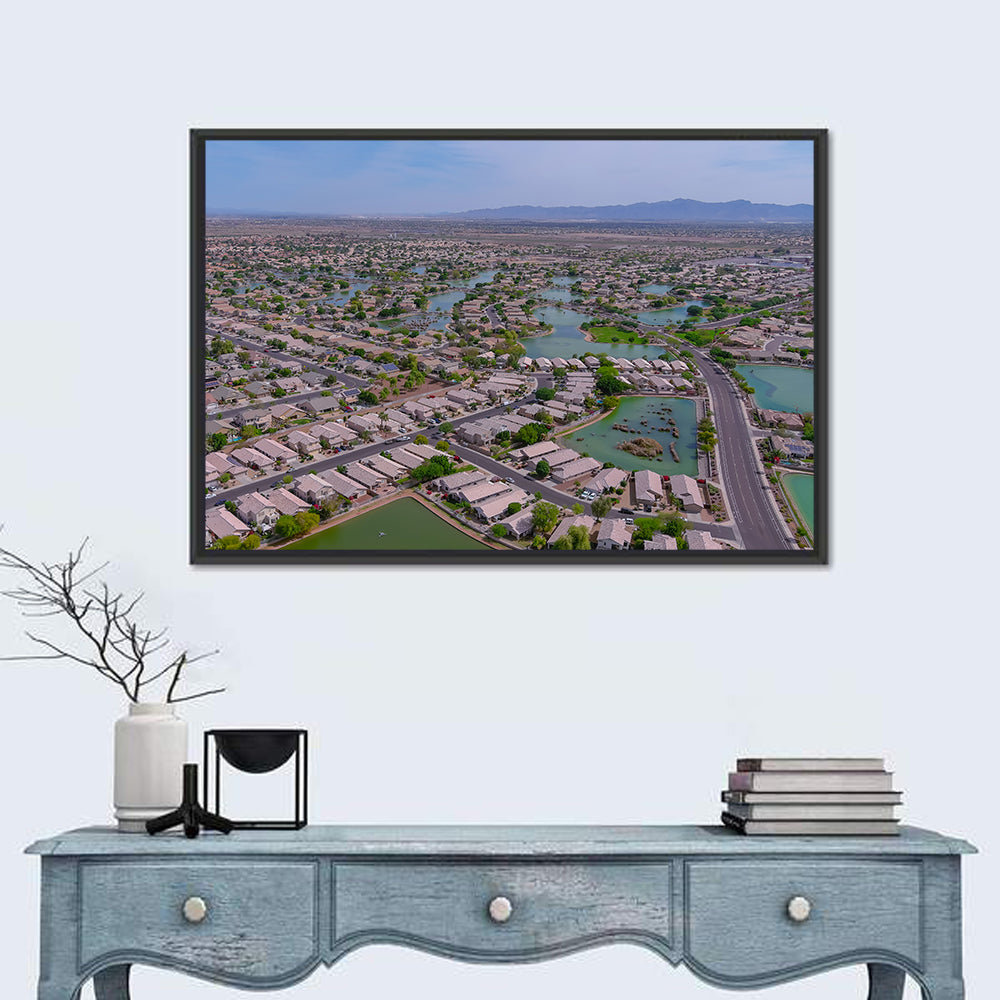 Aerial Desert Suburb with Lakes Wall Art in a room, landscape