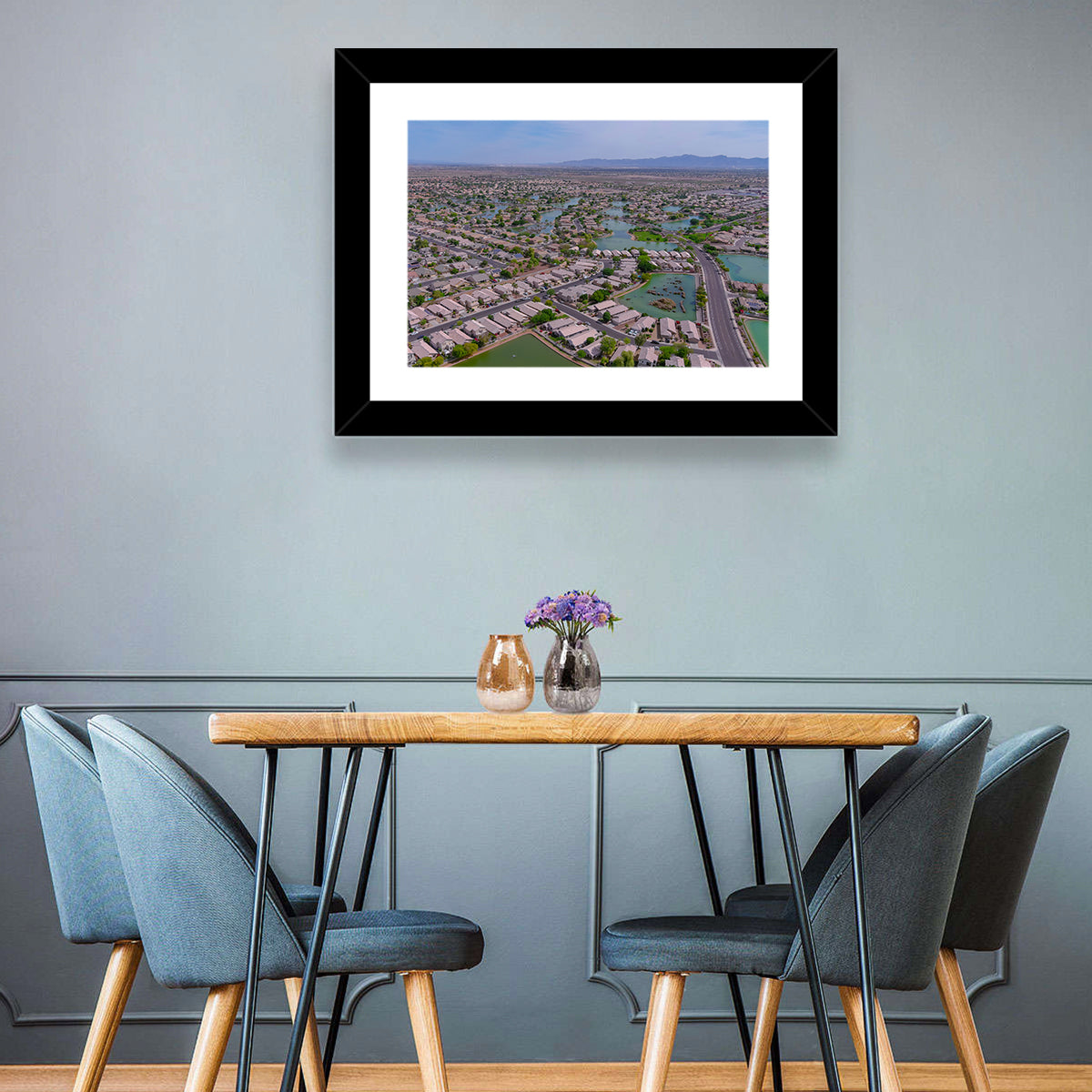 Aerial Desert Suburb with Lakes Wall Art in a room, landscape