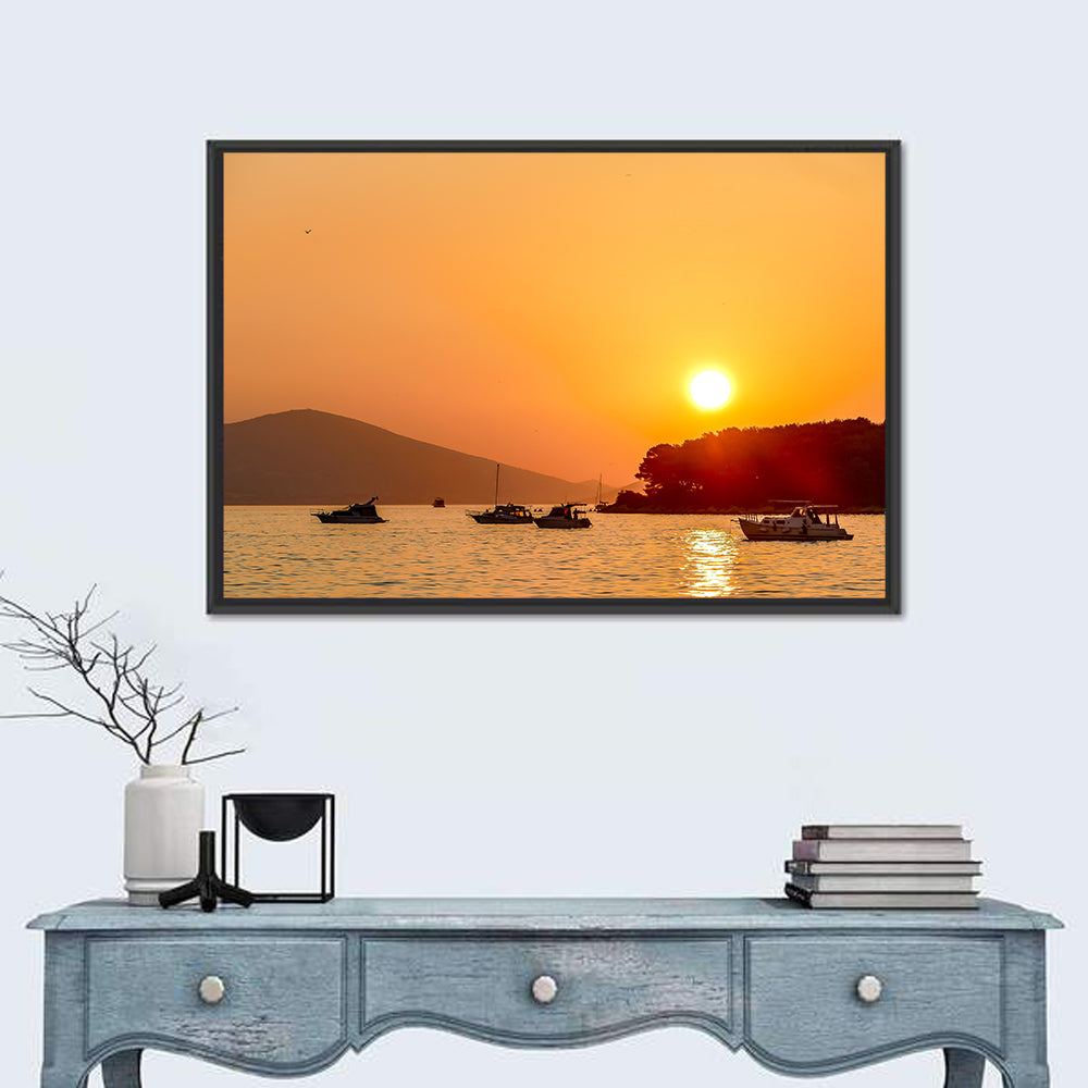 Golden Harbor Sunset Wall Art in a room, landscape
