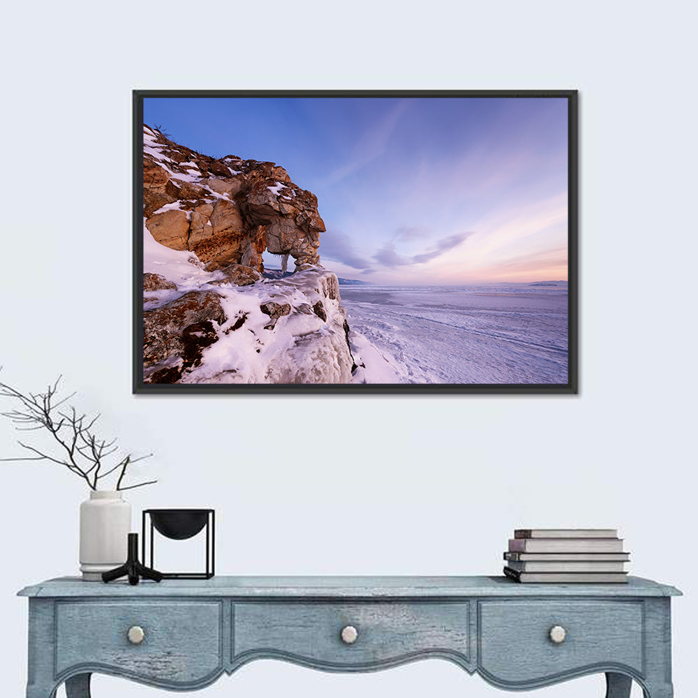 Lake Baikal Rock Arch at Winter Twilight Wall Art in a room, landscape