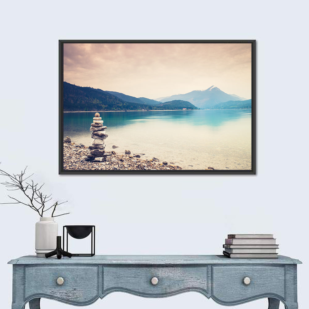Stone Cairn by a Mountain Lake Wall Art in a room, landscape
