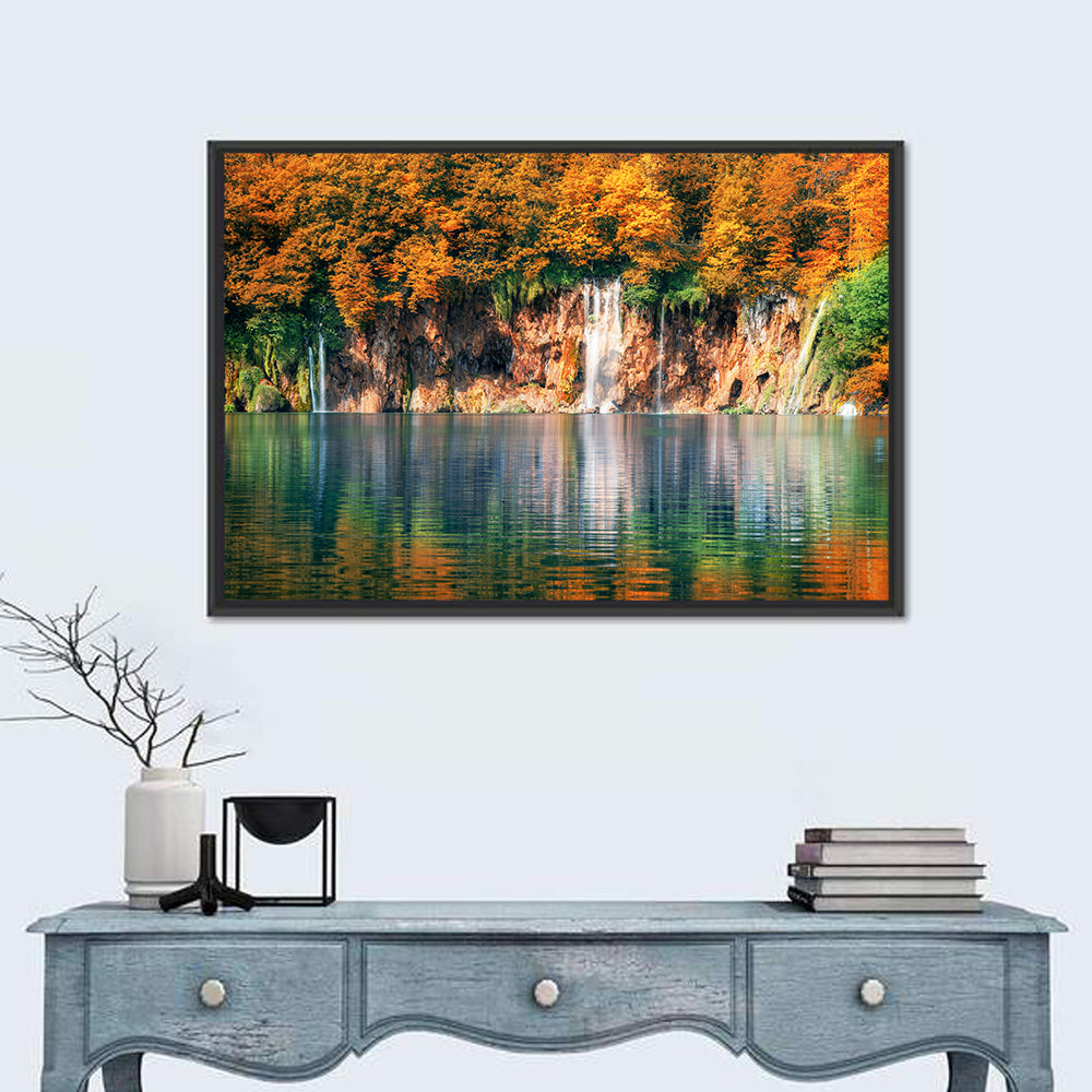 Autumn Reflections at Plitvice Lakes Wall Art in a room, landscape