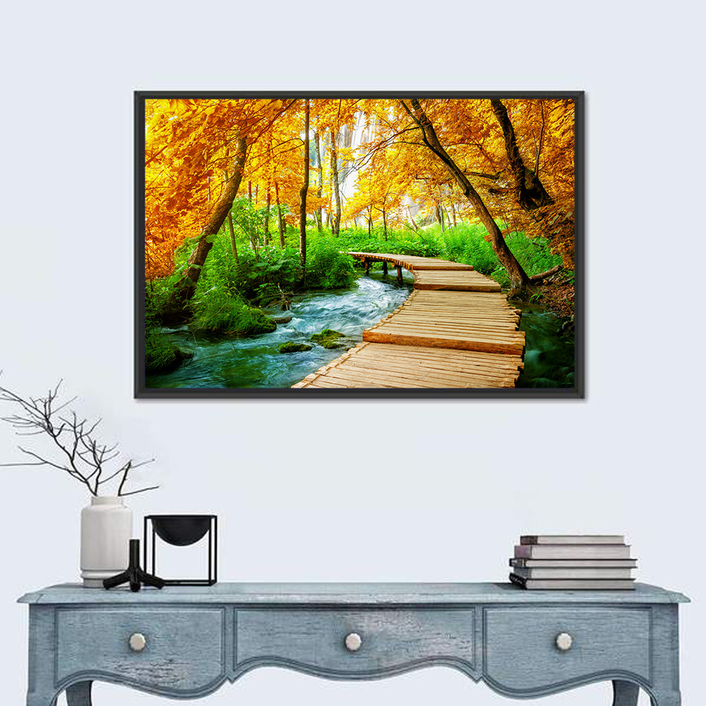 Plitvice Autumn Boardwalk Wall Art in a room, landscape