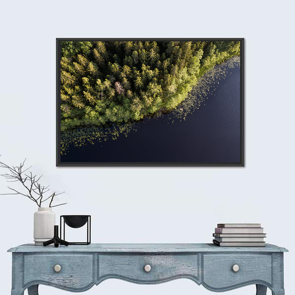 Aerial Lake with Red Boat Wall Art in a room, landscape