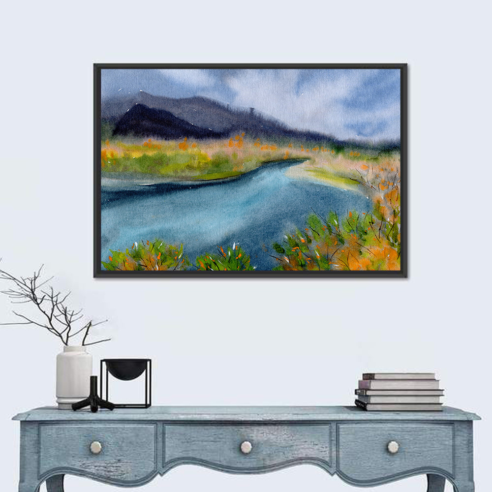 Misty Autumn River and Mountain Landscape Wall Art in a room, landscape